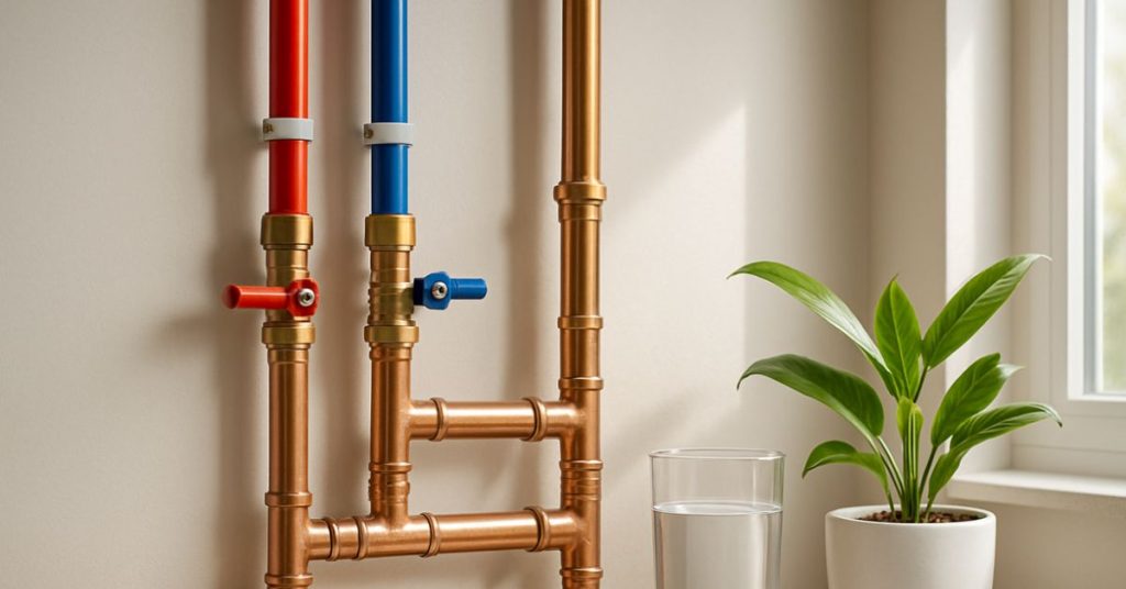 Newly installed PEX and copper pipes in a residential home, showcasing modern plumbing and clean water.