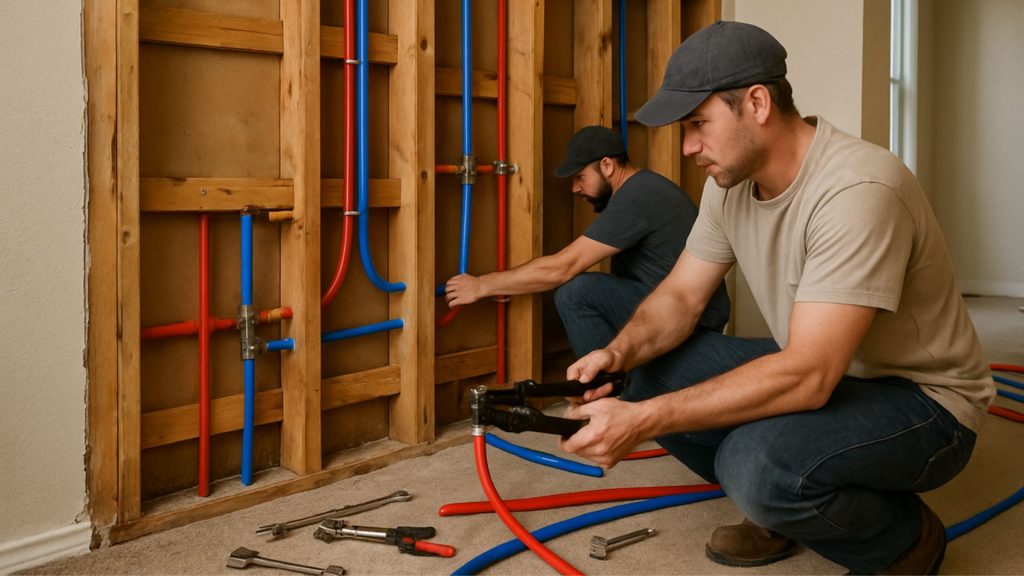 Plumbers installing red and blue PEX pipes within exposed wall studs during a residential repiping project.