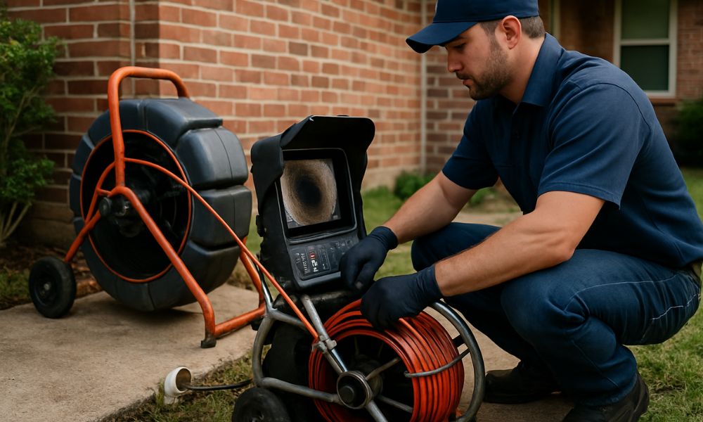 Plumber operating a sewer camera inspection system at a Houston residential property.
