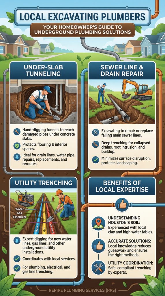 Houston local excavating plumbers sewer line trenching services