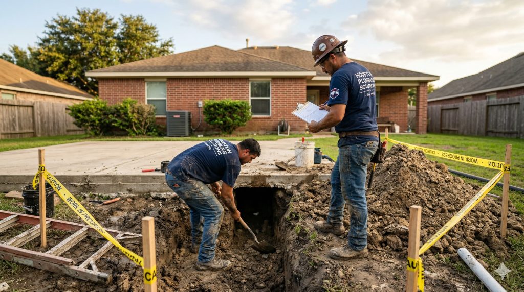 Two Houston Plumbing Solutions workers excavating a trench for a under-slab tunnel repair in a residential backyard.